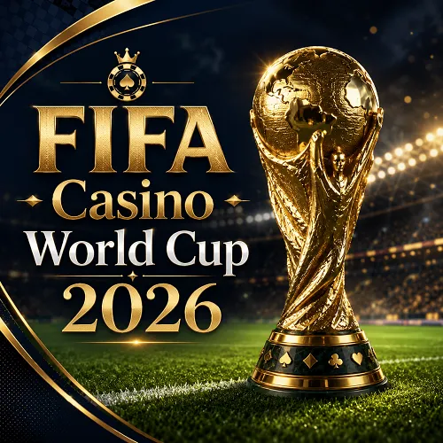 FIFA Casino World Cup 2026 with football trophy on the field